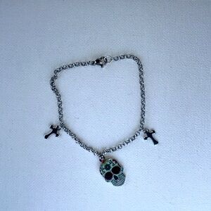 Wicca Party Sugar Skull/Cross Halloween Day of Dead Stainless Steel 8” Bracelet